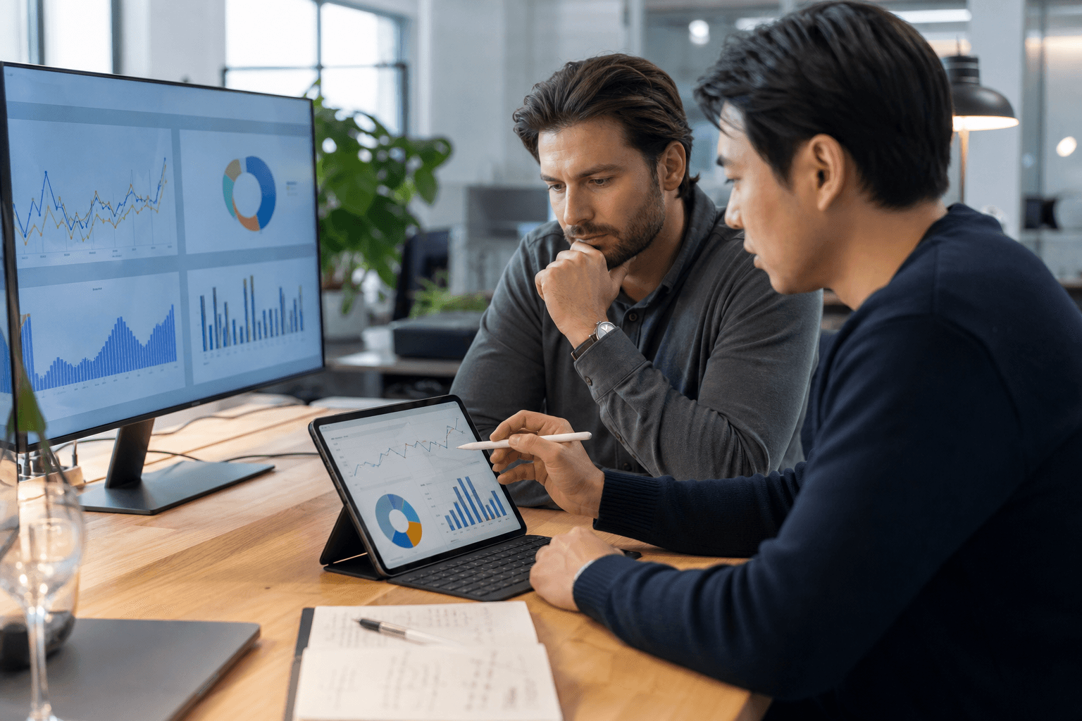 Hero image of an ecommerce founder and media buyer reviewing revenue and ROAS dashboards while annotating margin and average order value changes.