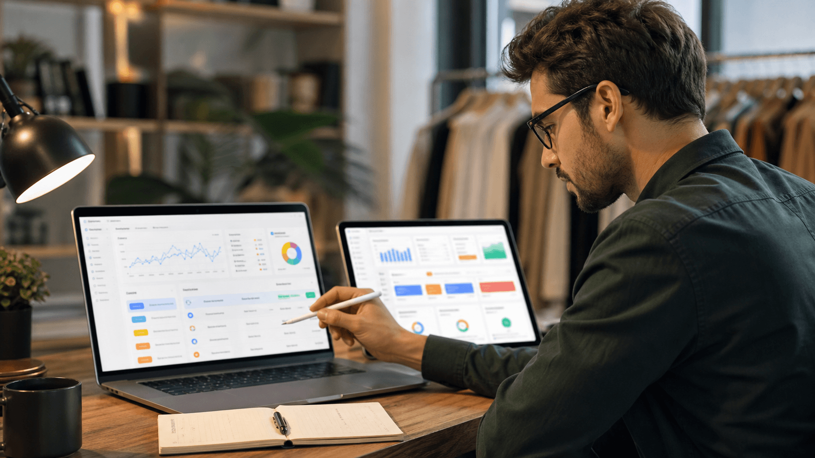 Hero image of a performance marketer reviewing abstract campaign dashboards while diagnosing high Meta Ads CPC.