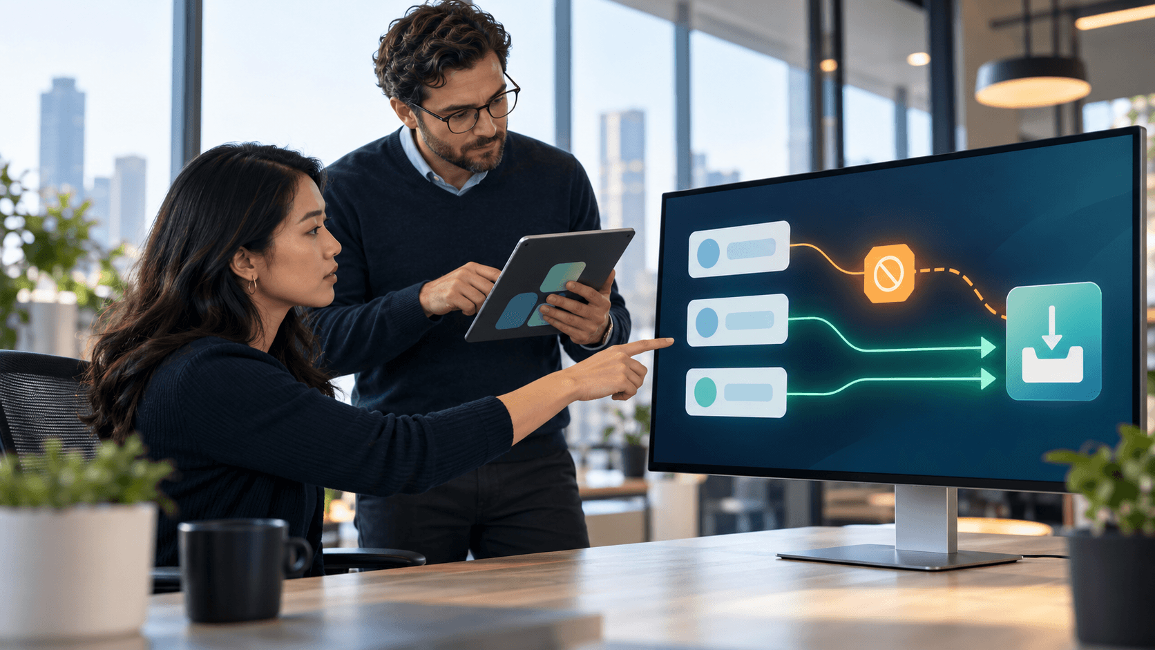 Two marketing operations professionals tracing blocked and successful lead-record export paths on an abstract display.
