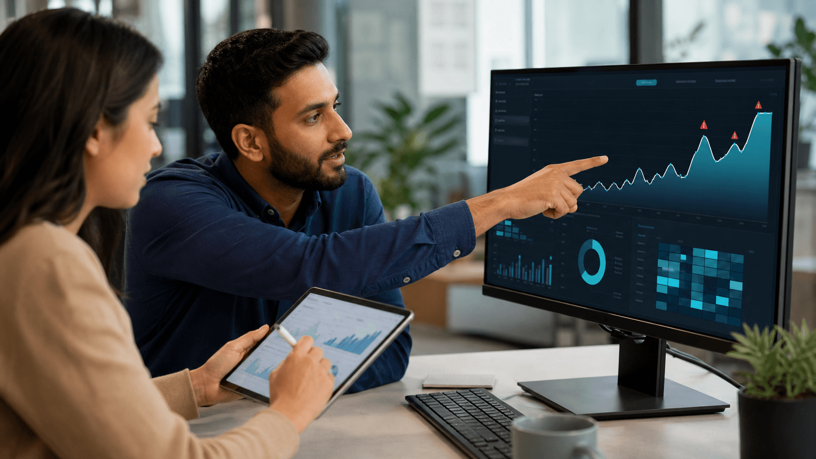 Hero image of a performance marketer and teammate diagnosing a sudden Meta Ads CPA spike on an analytics dashboard in a modern office.