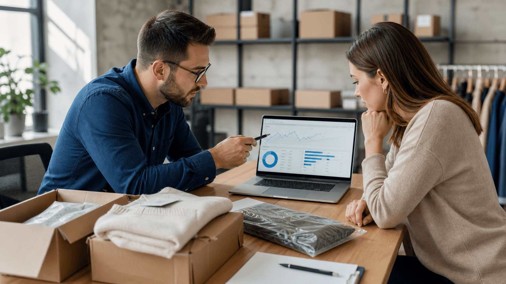 Hero image of ecommerce marketers reviewing returned products and analytics to diagnose Meta Ads purchases with a high refund rate.