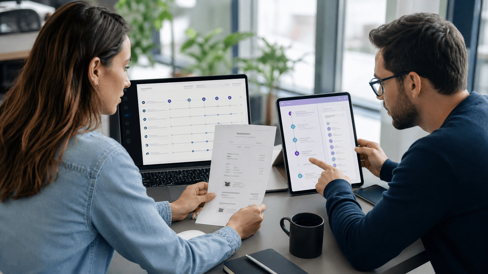 Hero image of a marketer and developer comparing purchase receipts with analytics event timelines to diagnose duplicate Meta Ads conversions.