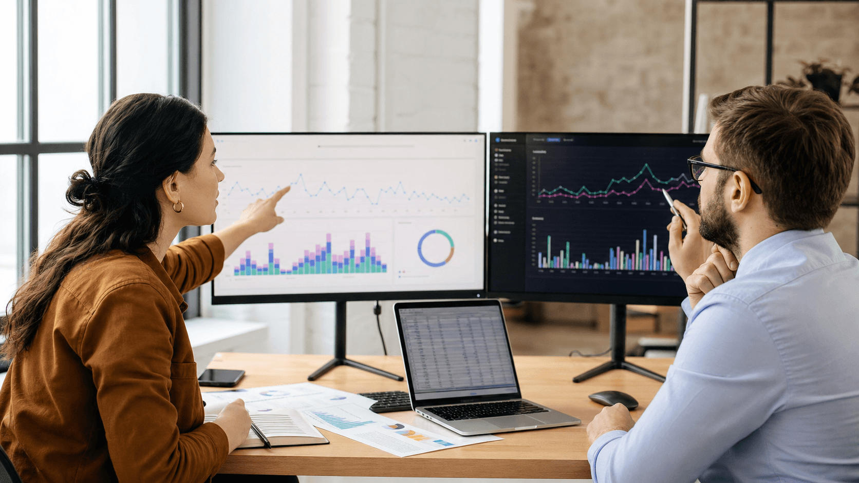 Hero image of ecommerce marketers comparing revenue charts and order data to diagnose missing Meta Ads purchase value.