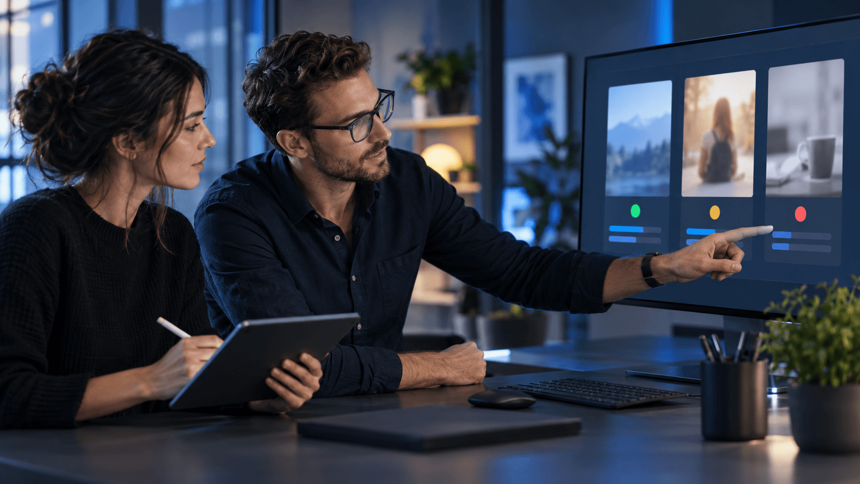 Two performance marketers comparing three ad creative variations and their abstract quality indicators on a large monitor.
