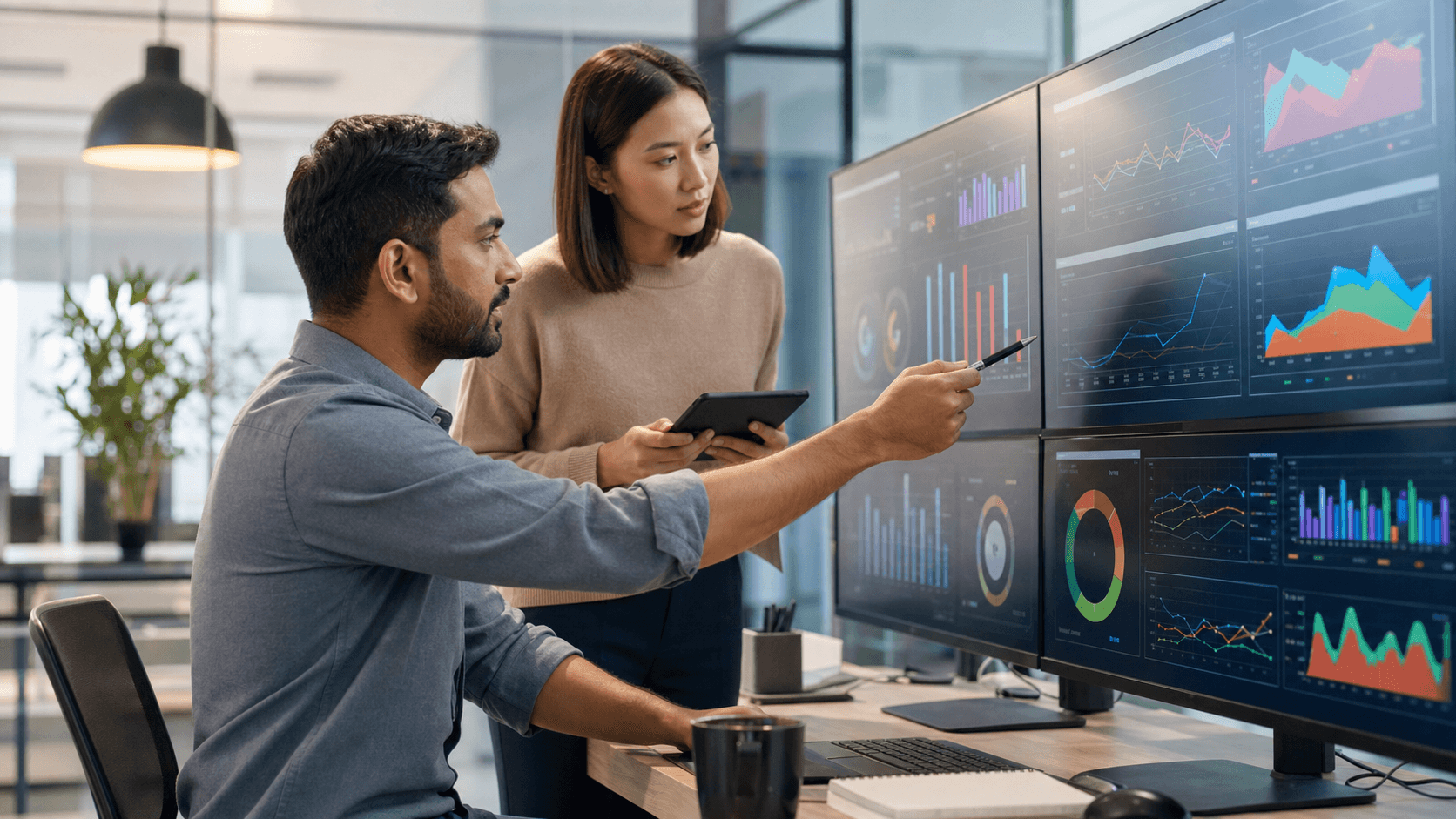 Hero image of two performance marketers reallocating Meta Ads budget while reviewing campaign performance dashboards.