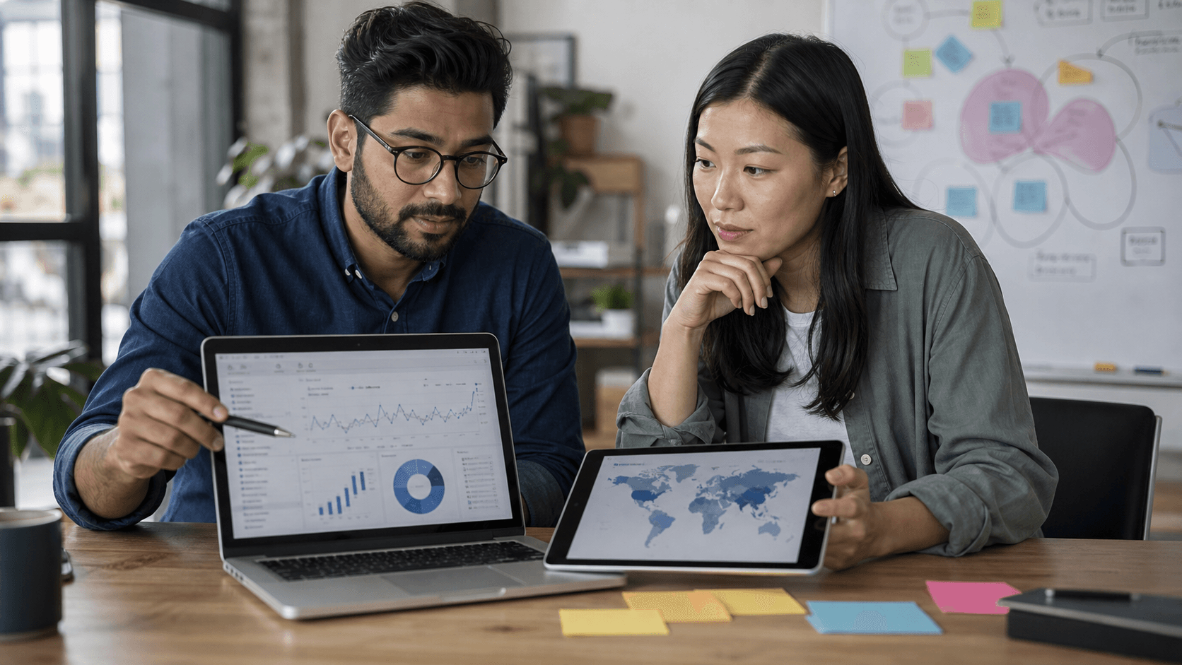 Hero image of a performance marketer and ecommerce founder reviewing broad targeting results and customer-quality metrics.