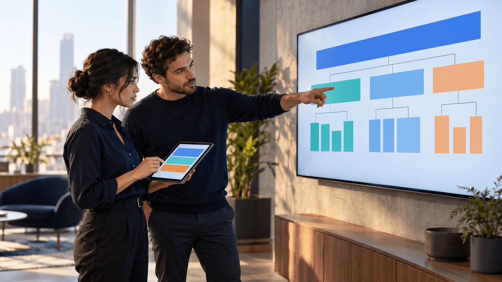 Two performance marketers comparing mismatched campaign, ad set, and ad reporting levels on an abstract hierarchy display.