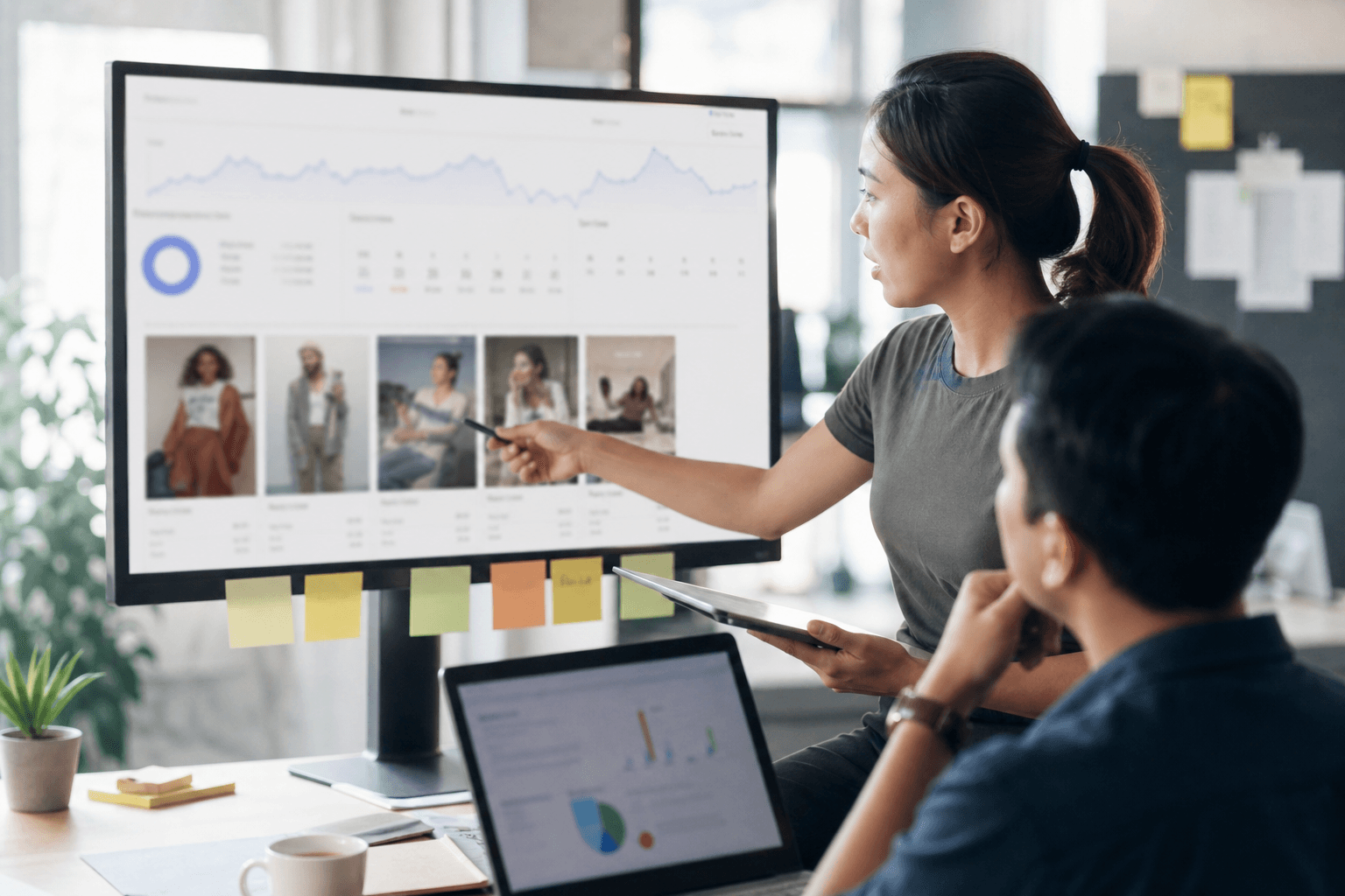 Hero image of marketers comparing ad creative thumbnails and analytics to find which Meta Ads creative is actually winning.