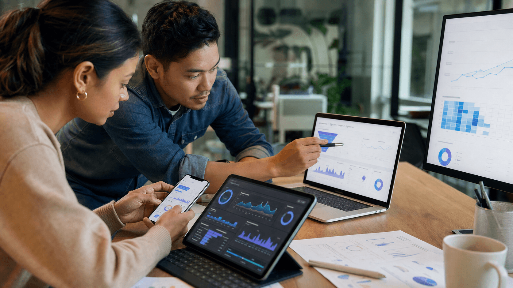 Hero image of a performance marketer and web analyst diagnosing a drop-off between Meta Ads clicks and landing page views across analytics dashboards and a mobile landing page.