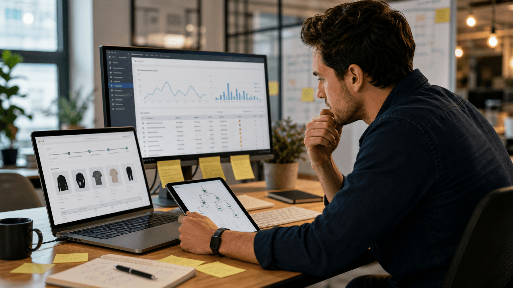 Hero image of a marketer comparing ecommerce orders, ad reporting, and event-flow diagrams to diagnose delayed Meta Ads conversions.