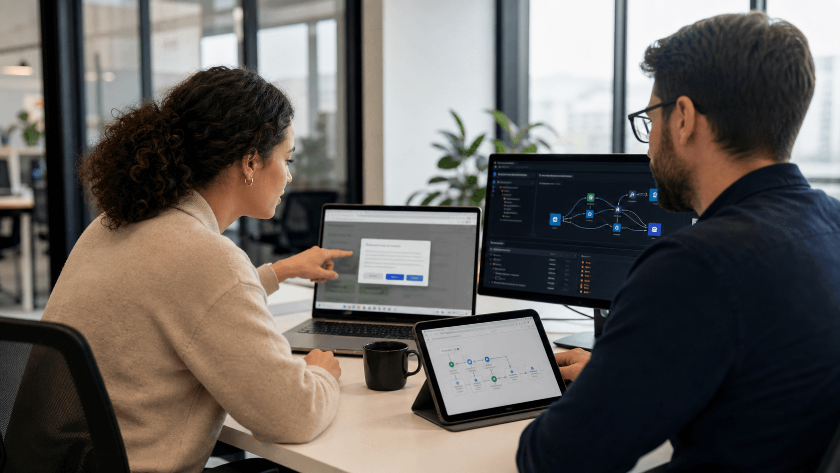 Hero image of a marketer and developer reviewing a cookie consent banner and event tracking workflow to diagnose a Meta Ads conversion drop.