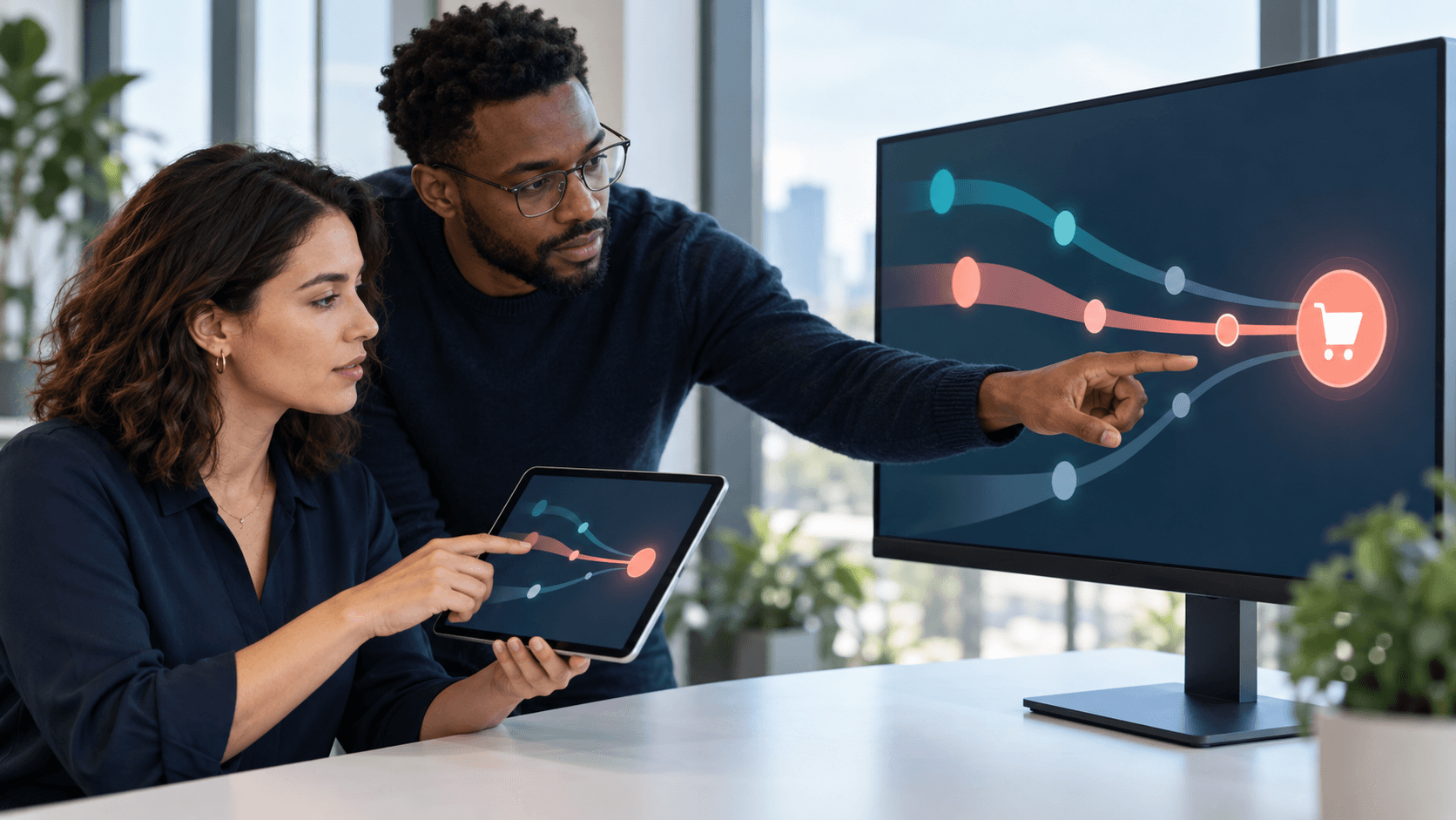 Two performance marketers tracing abstract campaign touchpoints to a purchase while investigating cross-campaign attribution.