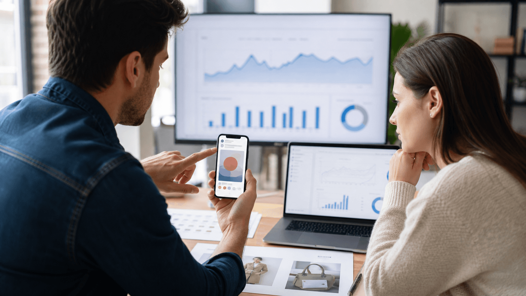 Hero image of two performance marketers comparing social ad engagement on a phone with sales analytics on a laptop.