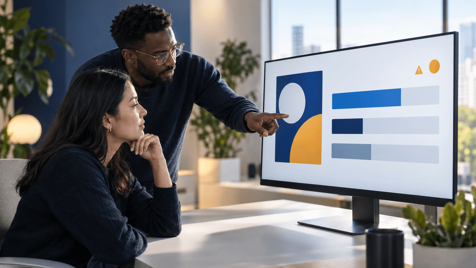 Two performance marketers reviewing an abstract ad card and comparison bars to diagnose a below-average engagement rate ranking.
