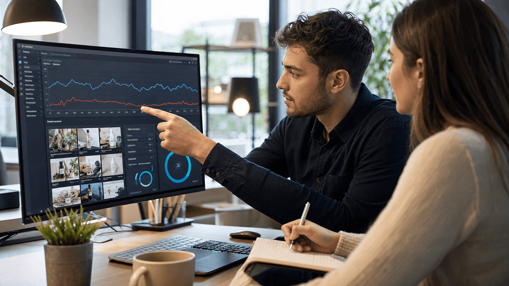 Hero image of two performance marketers diagnosing low click-through rate in Meta Ads by reviewing ad creatives and performance charts on a monitor.