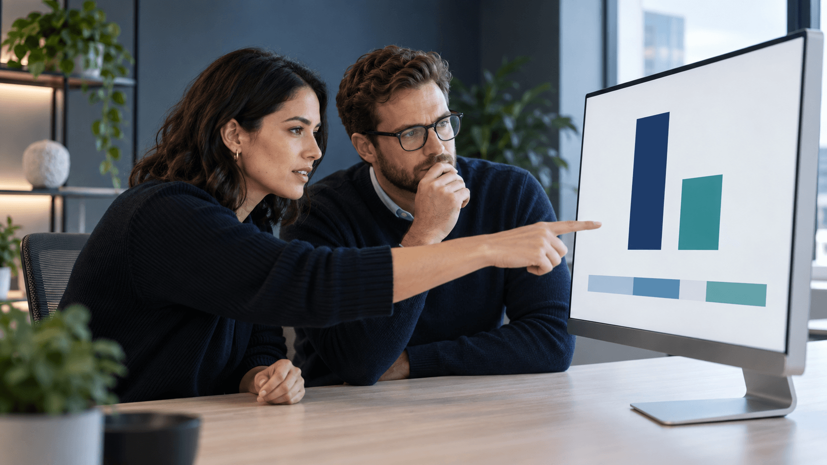 A performance marketer and finance colleague comparing mismatched advertising spend bars on an abstract display.