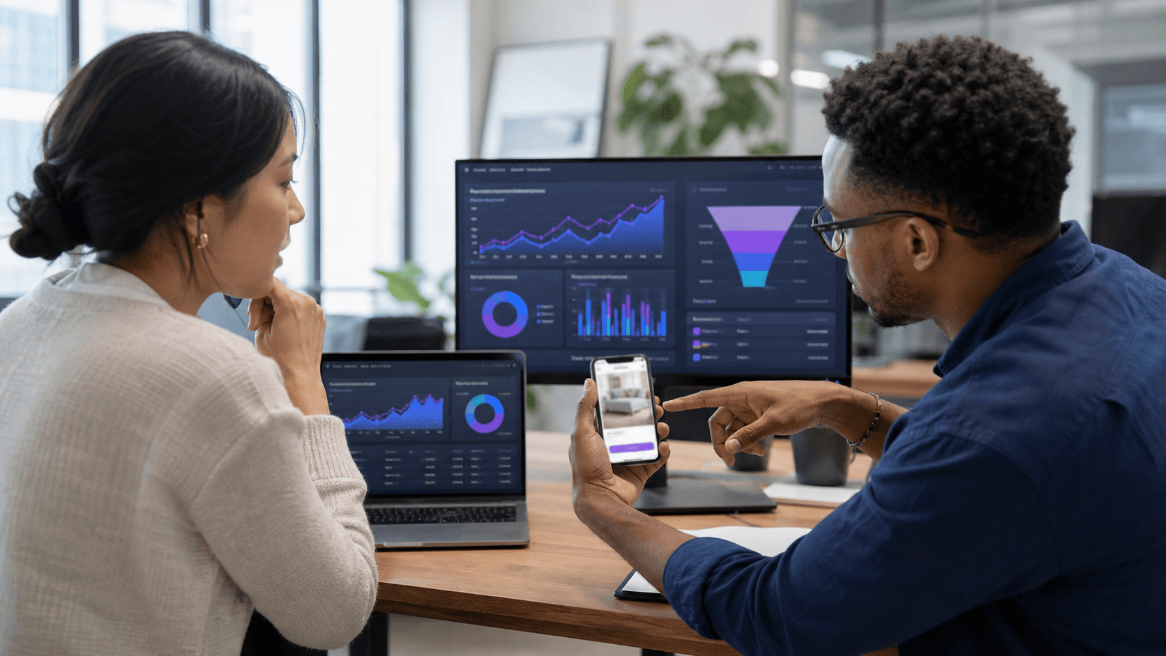 Hero image of ecommerce marketers comparing Meta Ads-style traffic dashboards with a mobile landing page to diagnose high bounce rate after landing page views.
