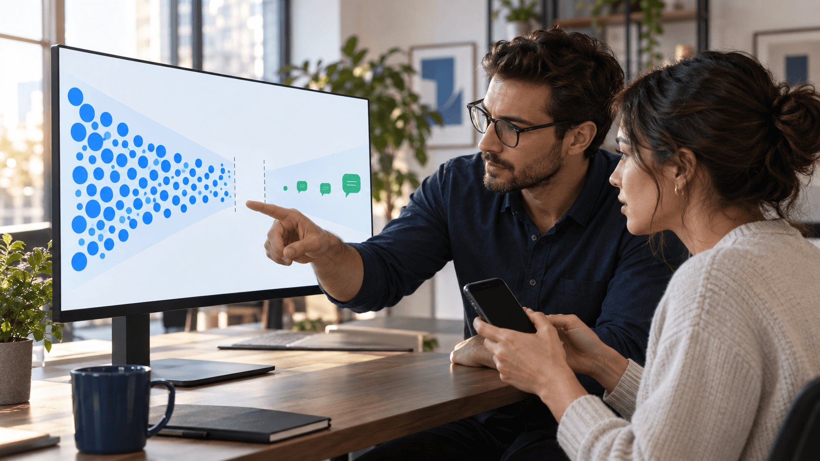 A performance marketer and customer-support specialist tracing many ad clicks into very few messaging conversations on an abstract funnel.