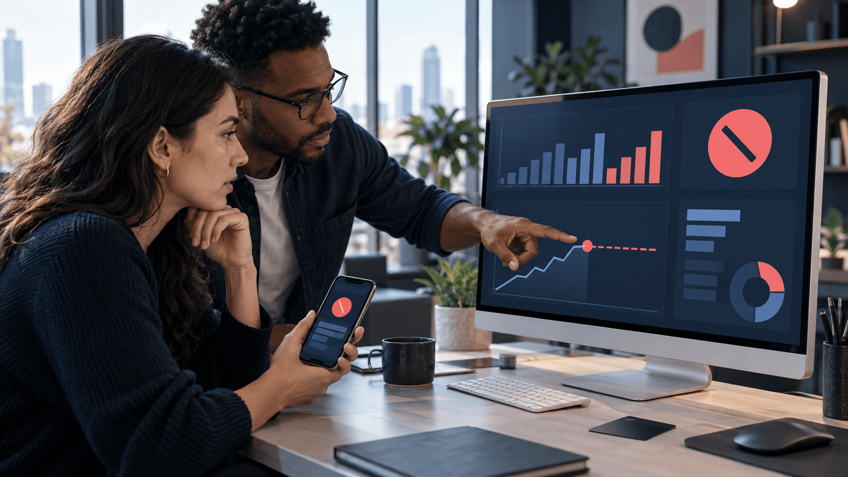 Two ecommerce marketers troubleshooting a failed advertising payment and paused campaign delivery on a desktop monitor.