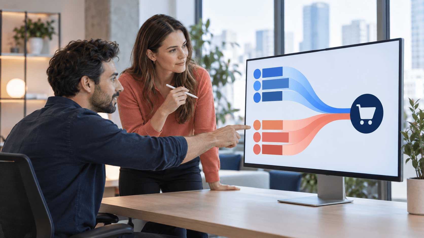 A performance marketer and analytics specialist comparing two abstract revenue attribution paths that converge on an ecommerce purchase.