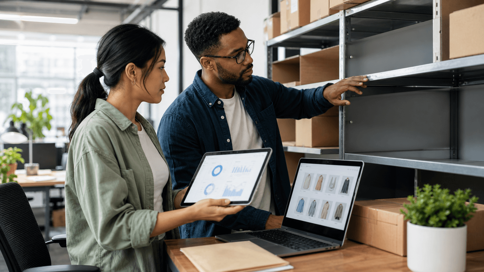 Hero image of ecommerce marketers auditing ad analytics beside empty warehouse shelves to diagnose Meta Ads traffic going to out-of-stock products.