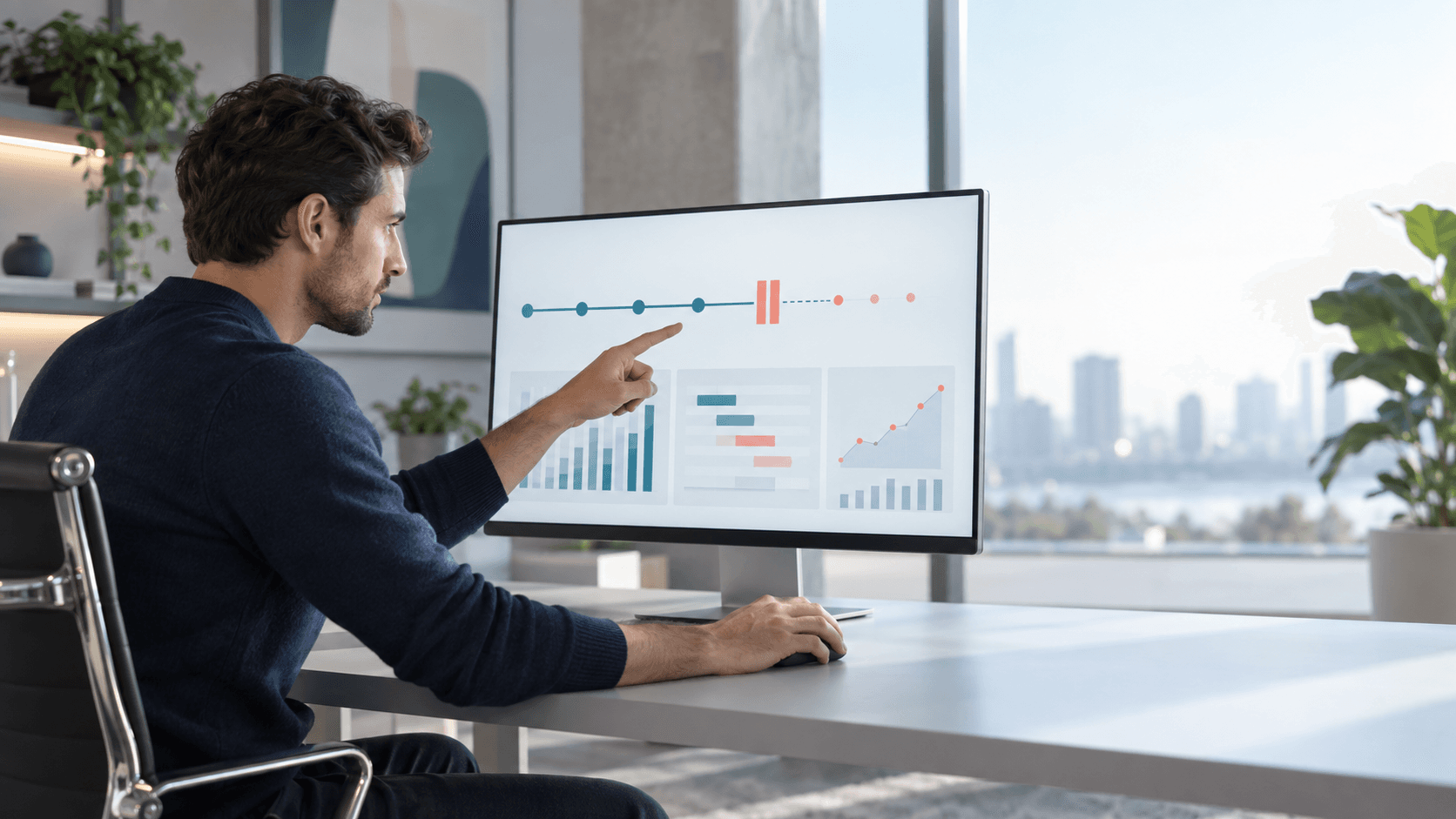 A marketing operations specialist inspecting an abstract paused ad-delivery timeline with delayed activity indicators.