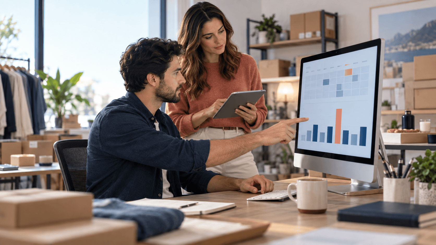 Two ecommerce marketers reviewing an unusually high daily advertising spend bar on a large monitor.