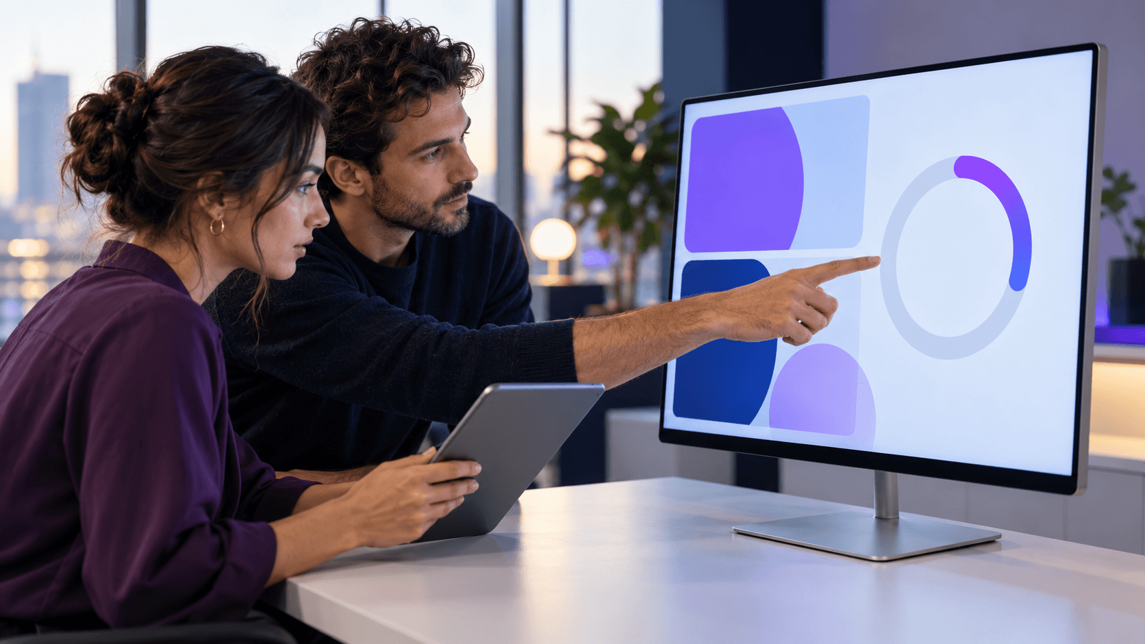 Two paid media professionals diagnosing a stalled ad preparation workflow on an abstract progress display.