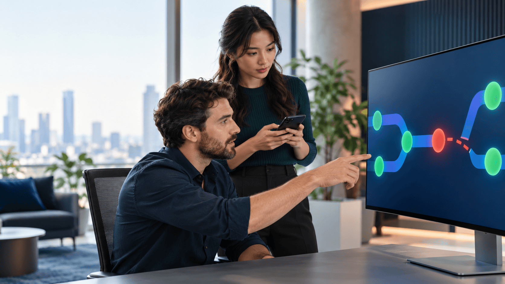 Two marketing specialists diagnosing an interrupted advertising workflow on a large office monitor.