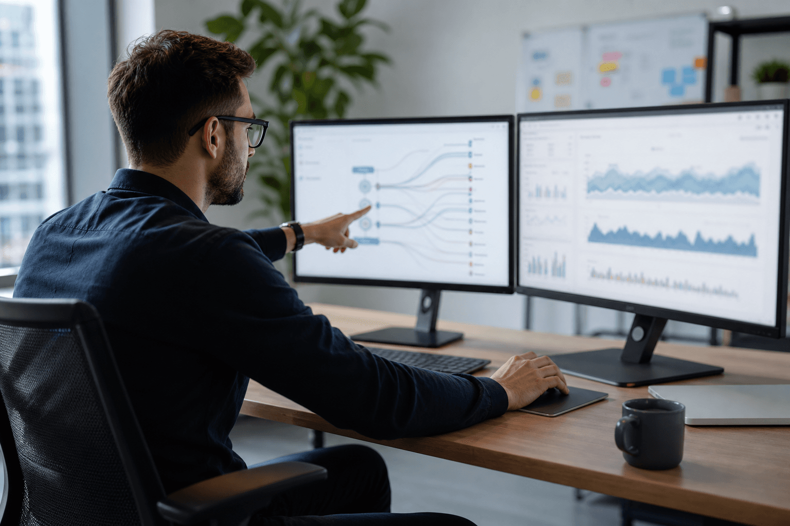 Hero image of a marketer pointing at blurred conversion path analytics while diagnosing view-through attribution credit.