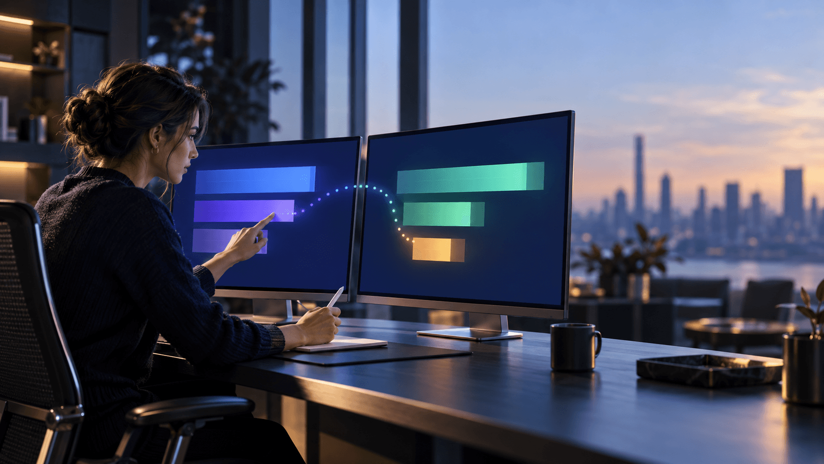 Performance marketer comparing two discrepant abstract advertising reports across side-by-side monitors.